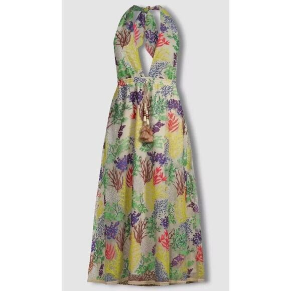 Toccin NY Women's Green Multi Embroidered Coral-Print Halter Midi-Dress Sz 6 (V - Picture 3 of 9